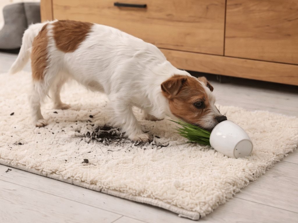 Dog spilling soil and a green plant on a shaggy rug.