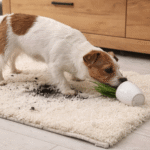 Dog spilling soil and a green plant on a shaggy rug.